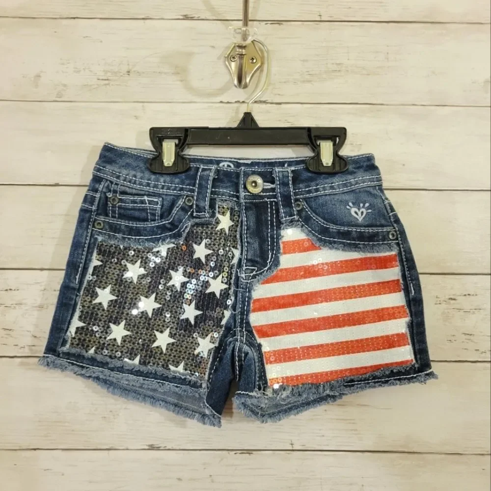 JUSTICE USA Flag‎ Sequin Cut Off Style Denim Shorts Size 10S Slim